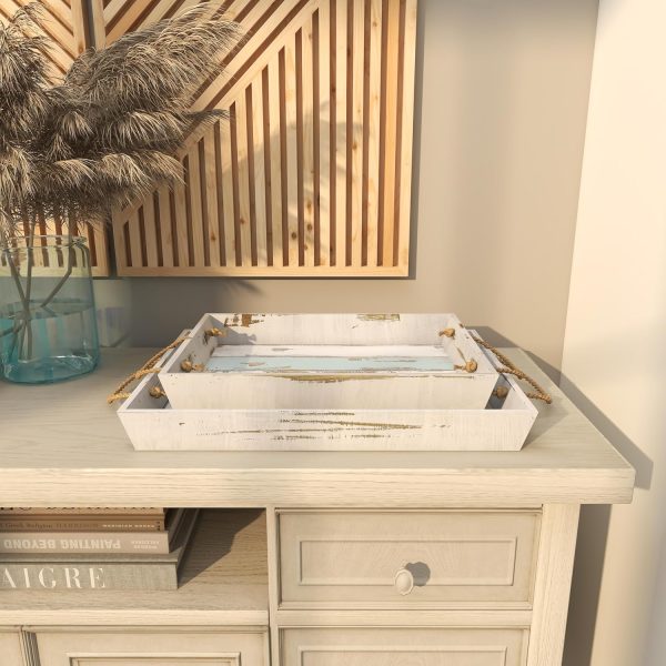 wholesale direct deco 79 wood living room decor tray distressed ottoman tray with blue stripes and jute handles, set of 2 serving tray 18", 15"w, white bulk purchase at factory prices