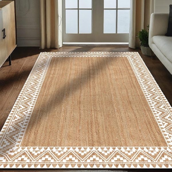 manufacturer direct voyzz home jute braided runner area rug, 6x9-feet rectangular printed jute rug natural handmade jute area rug for entryways living room bedroom farmhouse vintage decor trade price