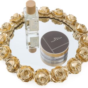 wholesale direct gold rose mirrored vanity tray - ornate makeup vintage round perfume dresser jewelry trinket organizer for bathroom storage home decor bulk purchase at factory prices