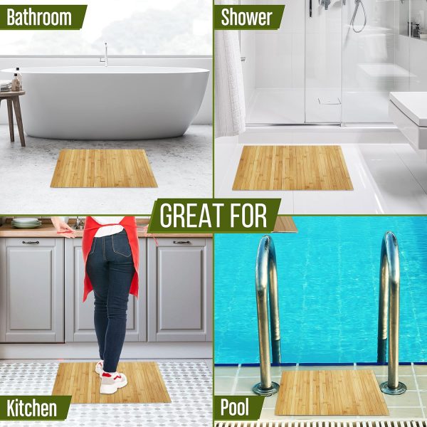 manufacturer direct serenelife bamboo bath mat floor rug - waterproof and weather resistant natural wood bathroom shower foot carpet with multi-panel strip foldable roll up non slip fabric for indoor use - slfbmt20 trade price