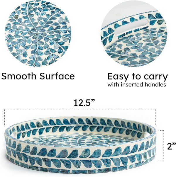 wholesale direct claynix serving tray 12.5 inch, lacquer mother of pearl inlay mosaic tray, round wooden marble tray with handles trays for tea, breakfast (leaf style) bulk purchase at factory prices