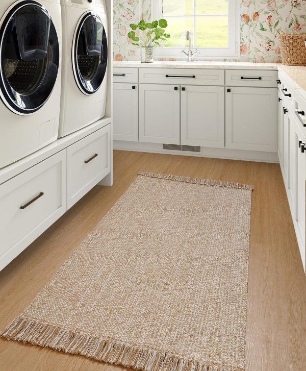 manufacturer direct collive washable area rug 3' x 5', modern woven kitchen rugs, tan/cream braided cotton rug indoor door mat throw carpet for entryway living room nursery mudroom laundry room trade price