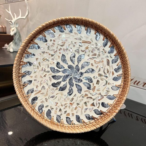 wholesale direct rattan serving tray with mother of pearl, round coffee table tray decor, round wicker tray, boho decorative tray, woven tray (lucky flower, 12 inch) bulk purchase at factory prices