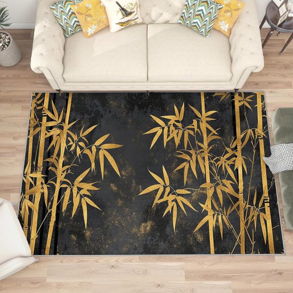 manufacturer direct bamboo rugs for living room - bamboo rug, 2x3 rug, gold bamboo leaf botanical area rug, rustic asian black door mat, washable & non slip & soft small carpet, bamboo home decor gifts trade price