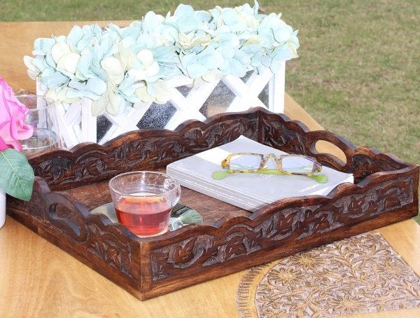 wholesale direct hand carved wooden serving tray - decorative breakfast tray with handles - rustic wooden food tray with intricate detail - unique furnishing accent - natural finish - 17 x 13 x 2.5 inch - cotton craft bulk purchase at factory prices
