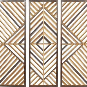 bulk purchase deco 79 wood geometric home wall decor slatted wood design wall sculpture, set of 3 wall art 12"w, 35"h, brown trade price