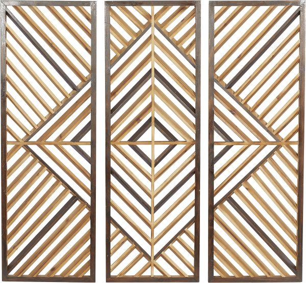 bulk purchase deco 79 wood geometric home wall decor slatted wood design wall sculpture, set of 3 wall art 12"w, 35"h, brown trade price