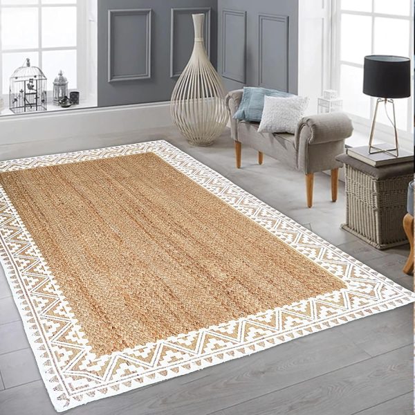 manufacturer direct voyzz home jute braided runner area rug, 6x9-feet rectangular printed jute rug natural handmade jute area rug for entryways living room bedroom farmhouse vintage decor trade price