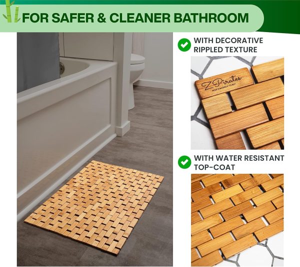 manufacturer direct zpirates natural bamboo wood bath mat - large, [34x18 inches lxw] foldable bathmat, accessories and decor for bathroom, sauna, spa, tub, or door area - multi-purpose home essentials trade price