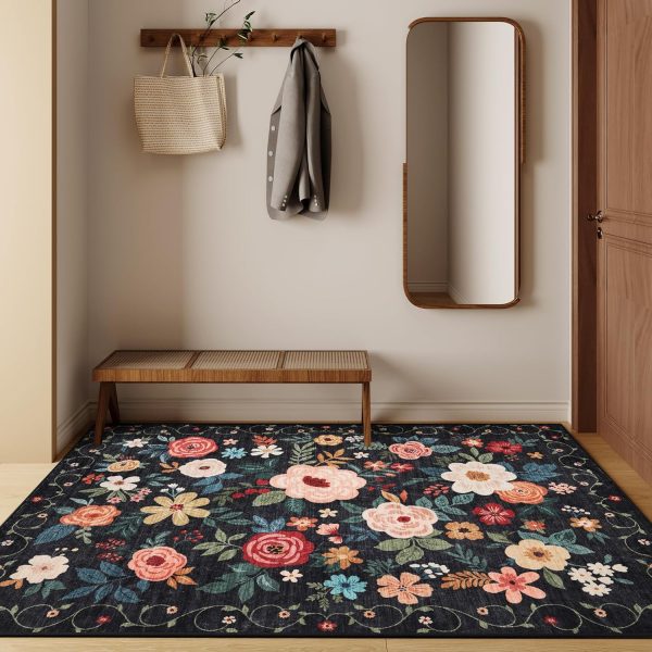 global sourcing dukino 2x3 rugs for entryway, floral indoor washable door mat, non slip boho small rug for kitchen, soft low pile throw rug, front door rug for entrance, bedroom, kitchen, laundry, bathroom, black oem/odm services