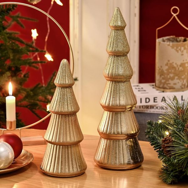 dropship from factory wooden christmas tree figurine, 2pcs gold tree figurines, decorative trees for tabletop, small glittered golden xmas tree figurines for christmas mantle indoor decor mass production supply