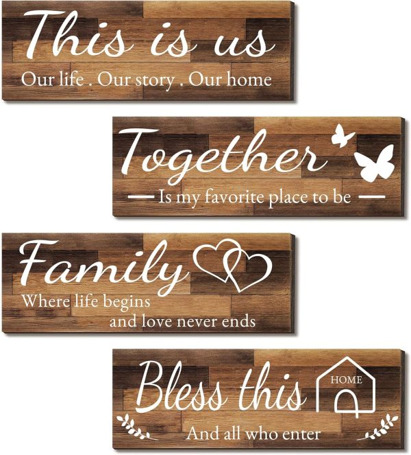 bulk purchase 4 pieces home wall signs, this is us/together/bless this home/family wall decor for living room bedroom, rustic wooden farmhouse wall art , 4.7 x 13.8 inch(brown) trade price