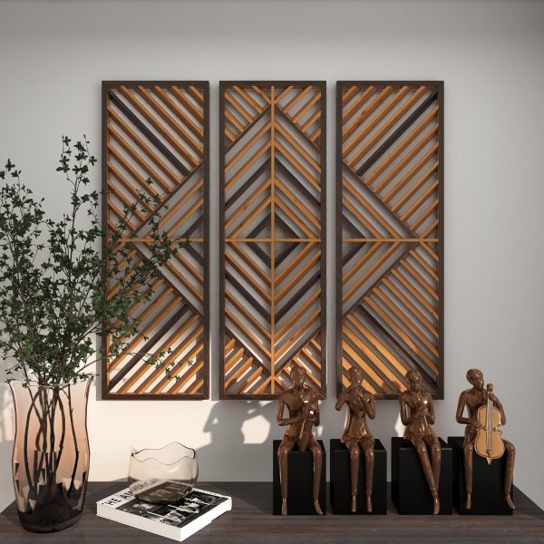 bulk purchase deco 79 wood geometric home wall decor slatted wood design wall sculpture, set of 3 wall art 12"w, 35"h, brown trade price
