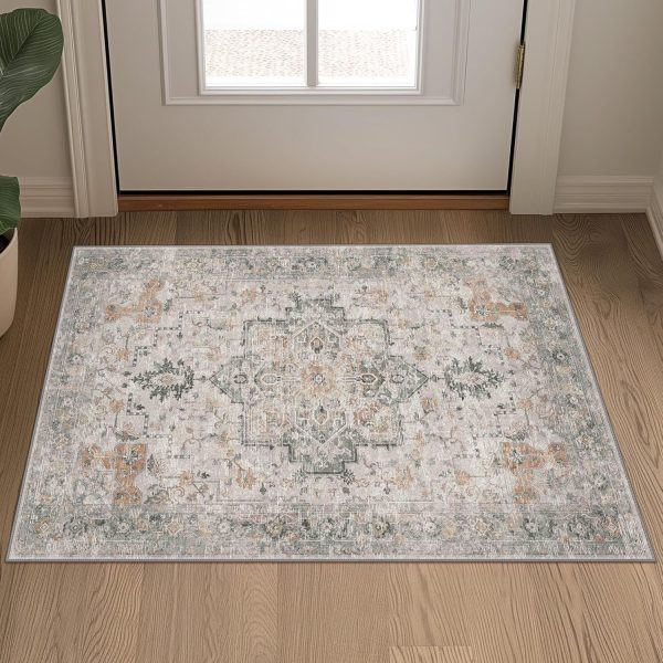 global sourcing genimo area rug 2x3 doormat, machine washable low pile rugs, small retro chenille entryway mat for entrance, hallway, kitchen and corridor, light taupe brown oem/odm services