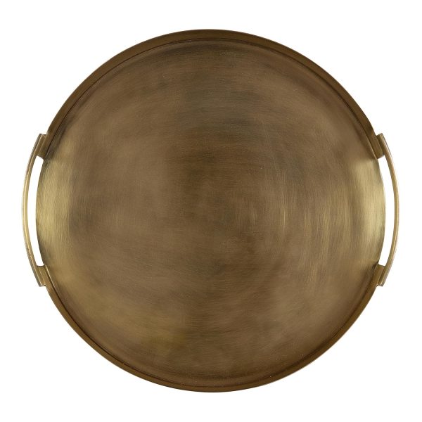 wholesale direct kate and laurel myo transitional metal round tray, 15 x 15, brass, modern glam circular decorative serving tray with handles for storage, display, and decor bulk purchase at factory prices