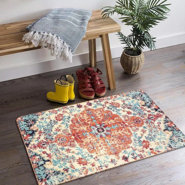 global sourcing lahome bohemian floral medallion area rug - 2x3 oriental distressed small bath rug country vintage doormat faux wool non-slip washable low-pile carpet for bathroom kitchen laundry room decor oem/odm services