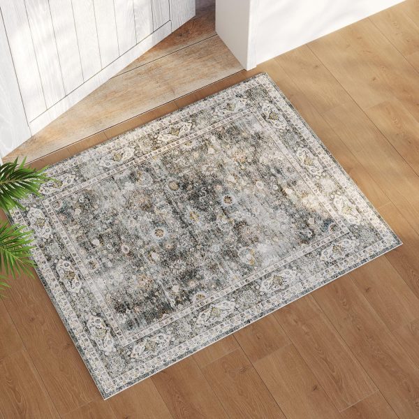 global sourcing 2x3 rug washable boho rug soft small area rug non-slip non-shedding faux wool vintage rug for door mat, kitchen, floor, entryway, powder room (grey and brown) oem/odm services