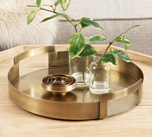 wholesale direct kate and laurel myo transitional metal round tray, 15 x 15, brass, modern glam circular decorative serving tray with handles for storage, display, and decor bulk purchase at factory prices
