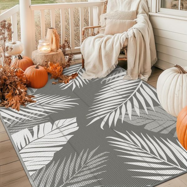 manufacturer direct genimo outdoor rug 5' x 8' waterproof for patios clearance, reversible plastic straw camping carpet, large area rugs mats for rv, picnic, backyard, deck, balcony, porch, beach, grey&white trade price