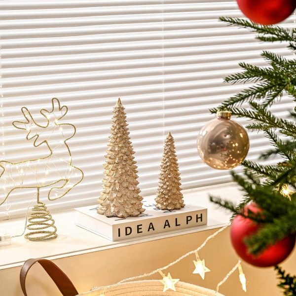 dropship from factory resin christmas tree figurines, 2pcs distressed white with gold table top christmas trees, small christmas tree figurine set, decorative xmas trees for rustic christmas decor mass production supply