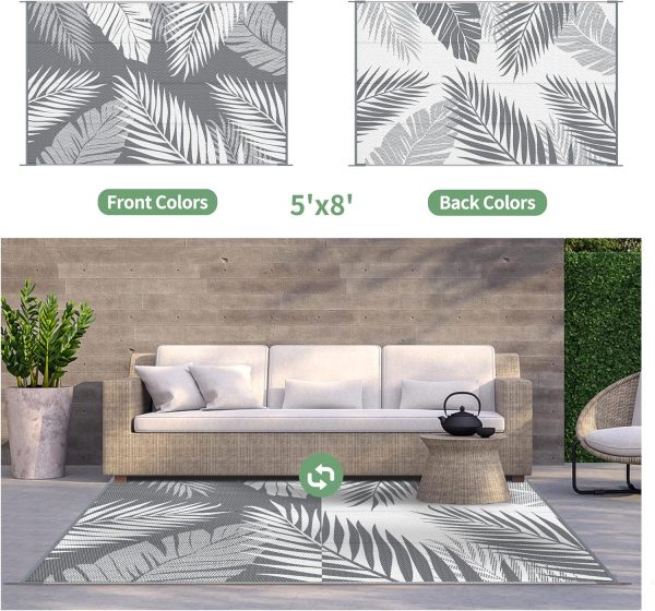 manufacturer direct genimo outdoor rug 5' x 8' waterproof for patios clearance, reversible plastic straw camping carpet, large area rugs mats for rv, picnic, backyard, deck, balcony, porch, beach, grey&white trade price
