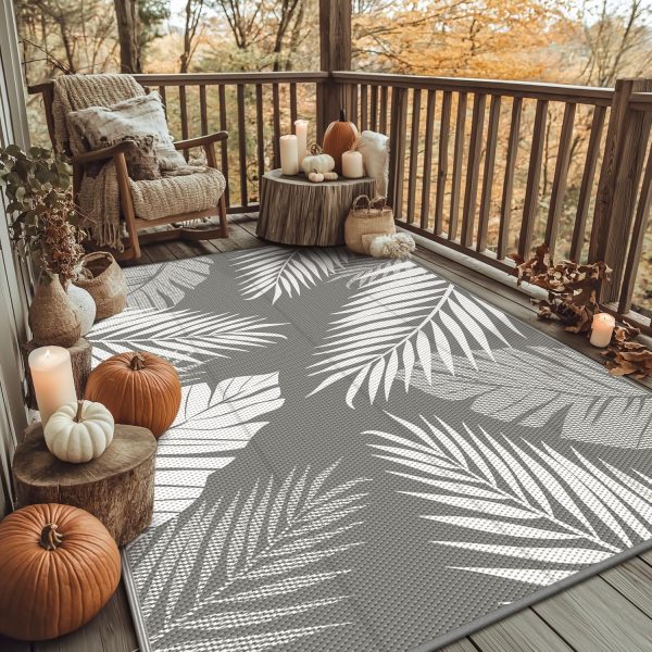 manufacturer direct genimo outdoor rug 5' x 8' waterproof for patios clearance, reversible plastic straw camping carpet, large area rugs mats for rv, picnic, backyard, deck, balcony, porch, beach, grey&white trade price