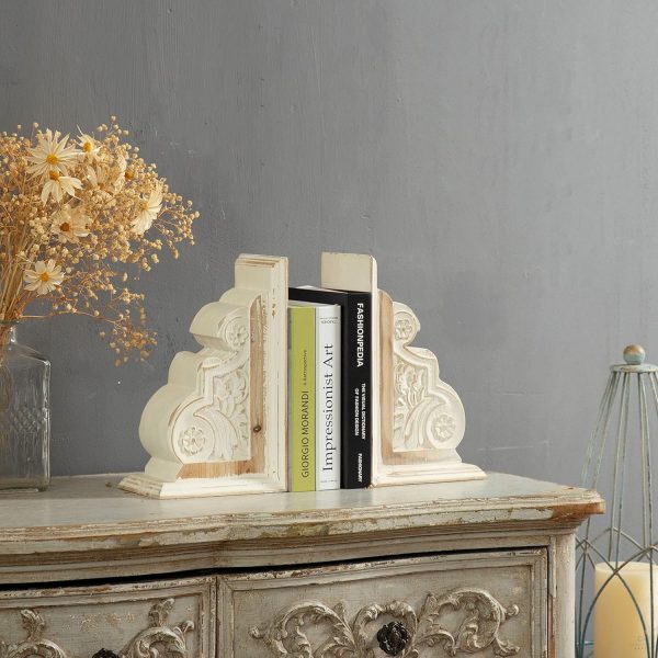 supplier direct 1 pair rustic distressed finish wood bookends, white bookends decorative unique, carved pattern farmhouse book ends for shelves, bookends for heavy books, wooden corbels for home room decor wholesale prices