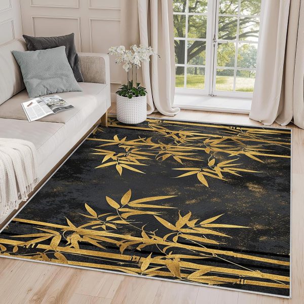 manufacturer direct bamboo rugs for living room - bamboo rug, 2x3 rug, gold bamboo leaf botanical area rug, rustic asian black door mat, washable & non slip & soft small carpet, bamboo home decor gifts trade price