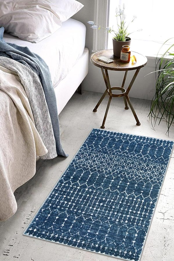 global sourcing lahome moroccan indoor rugs for entryway - 2x3 area rug non-slip backing washable inside door mats low-profile throw soft rugs for bathroom, geometric print distressed blue rug for kitchen bedside oem/odm services