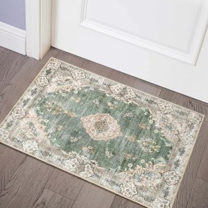 global sourcing mujoo green area rug small rugs boho machine washable rugs non slip for entryway kitchen bathroom bedroom vintage soft low-pile 2'x3' flowers oem/odm services