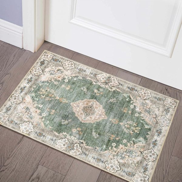 global sourcing mujoo green area rug small rugs boho machine washable rugs non slip for entryway kitchen bathroom bedroom vintage soft low-pile 2'x3' flowers oem/odm services