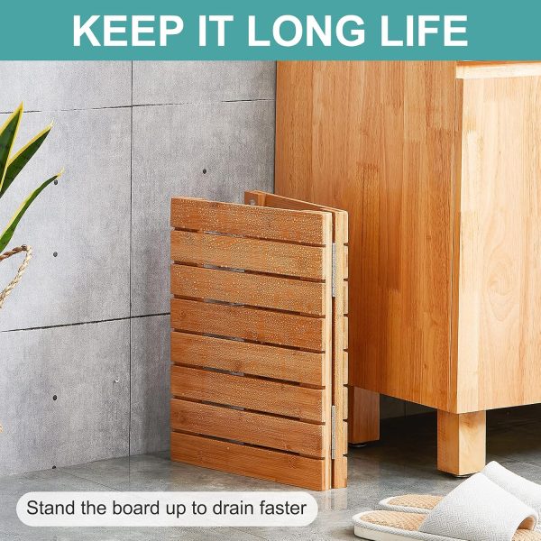manufacturer direct waterproof bamboo bath mat for shower, wooden floor mat for bathroom, foldable | non-slip | heavy duty, shower mat for indoor outdoor, 23.5in x 15.6in trade price