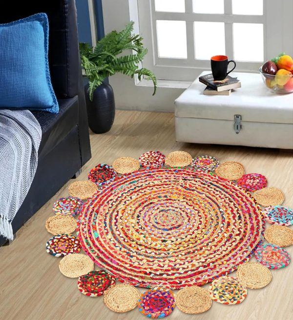 manufacturer direct 4' round handwoven jute chindi area rug - colorful boho rugs for living room - hand braided multicolor bohemian rug for farmhouse, bedroom, dining room, classroom, hallway, kitchen, office trade price