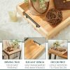 wholesale direct wooden serving tray by tasteful surroundings – ottoman tray - natural wood color with black metal handles - modern decorative trays with metal handles – coffee table tray for living room & bedroom bulk purchase at factory prices