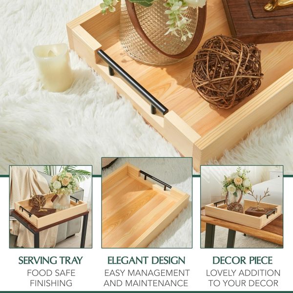 wholesale direct wooden serving tray by tasteful surroundings – ottoman tray - natural wood color with black metal handles - modern decorative trays with metal handles – coffee table tray for living room & bedroom bulk purchase at factory prices