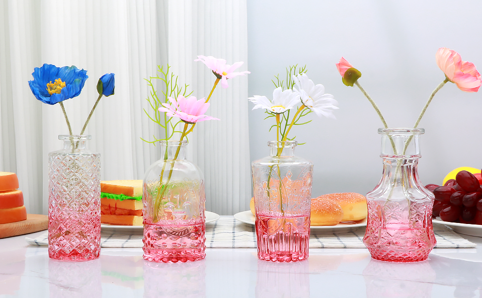oem/odm services brajttt pink flower vase set, glass bud vase in bulk set of 8,artistic and cultural flavor mini vases for home office decor, bedroom, office, living room decorations,wedding affordable bulk deals
