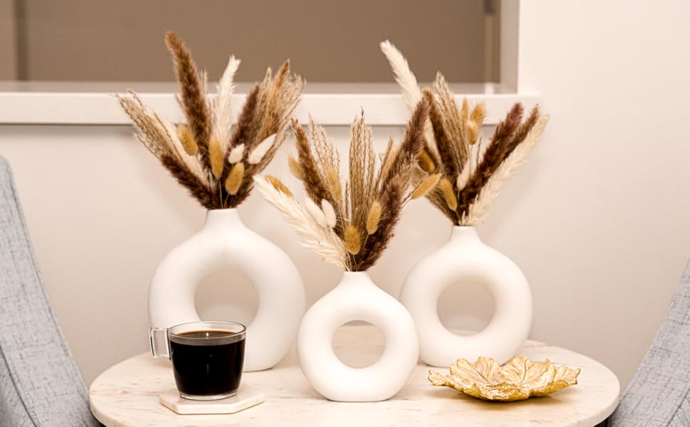 oem/odm services velova set of 3 white ceramic vase with 65 pcs dried pampas grass flowers aesthetic boho modern small round cute vases for decor living room coffee table shelf bedroom office desk home gifts women mom affordable bulk deals