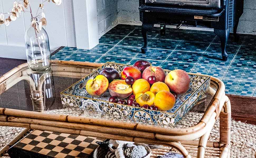 wholesale direct hiceeden set of 2 decorative serving trays with handles, boho tea trays ottoman trays for serving, modern plastic coffee table tray for living room, kitchen, bathroom, rectangle, blue bulk purchase at factory prices