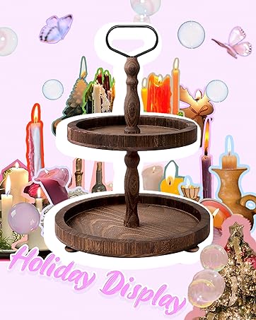 wholesale direct 2 tiered tray, rustic round farmhouse style decorative tray, dessert stand kitchen island decor, wooden serving tray for coffee food fruits cupcakes, home decor holiday display, dark wood bulk purchase at factory prices