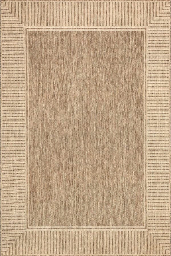 manufacturer direct nuloom 5' x 8' outdoor area rug, casual design with striped border, stain resistant, highly durable, for patio, balcony, bedroom, living room, dining room, bathroom, light brown trade price
