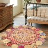 manufacturer direct 4' round handwoven jute chindi area rug - colorful boho rugs for living room - hand braided multicolor bohemian rug for farmhouse, bedroom, dining room, classroom, hallway, kitchen, office trade price