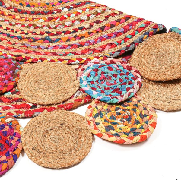 manufacturer direct 4' round handwoven jute chindi area rug - colorful boho rugs for living room - hand braided multicolor bohemian rug for farmhouse, bedroom, dining room, classroom, hallway, kitchen, office trade price