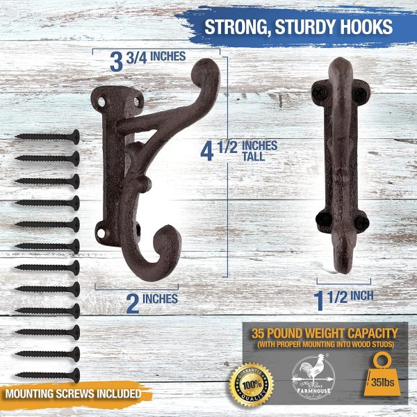 competitive pricing rustic cast iron coat hooks (3 pack) rustic dark brown, wall mounted, farmhouse decorative, heavy duty wall hooks for hanging coats, hats, towels (mounting hardware included) one-stop wholesale