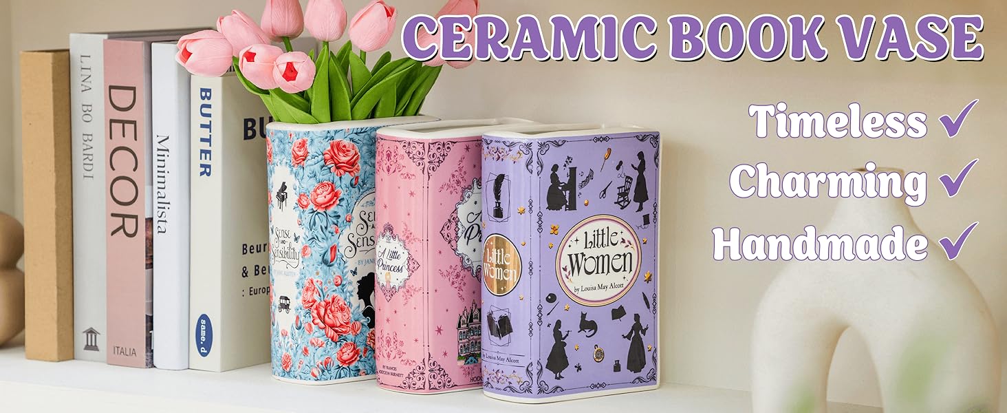 oem/odm services handmade book shaped flower vase, book lovers gifts, book shelf decor aesthetic, large ceramic utensil holder for kitchen counter, home kitchen decor, planter pot library decor (little women) affordable bulk deals