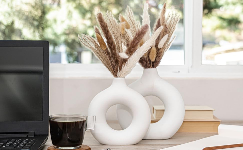 oem/odm services velova set of 3 white ceramic vase with 65 pcs dried pampas grass flowers aesthetic boho modern small round cute vases for decor living room coffee table shelf bedroom office desk home gifts women mom affordable bulk deals