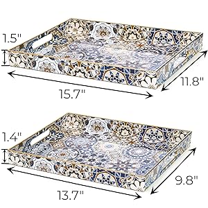 wholesale direct hiceeden set of 2 decorative serving trays with handles, boho tea trays ottoman trays for serving, modern plastic coffee table tray for living room, kitchen, bathroom, rectangle, blue bulk purchase at factory prices