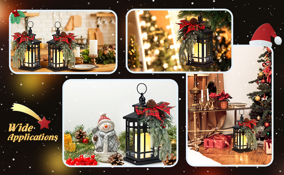 custom wholesale 2 pcs christmas decorative lanterns black metal christmas party hanging candle lantern vintage flameless decorative lanterns with led lights for indoor outdoor christmas home table porch party decor oem/odm services