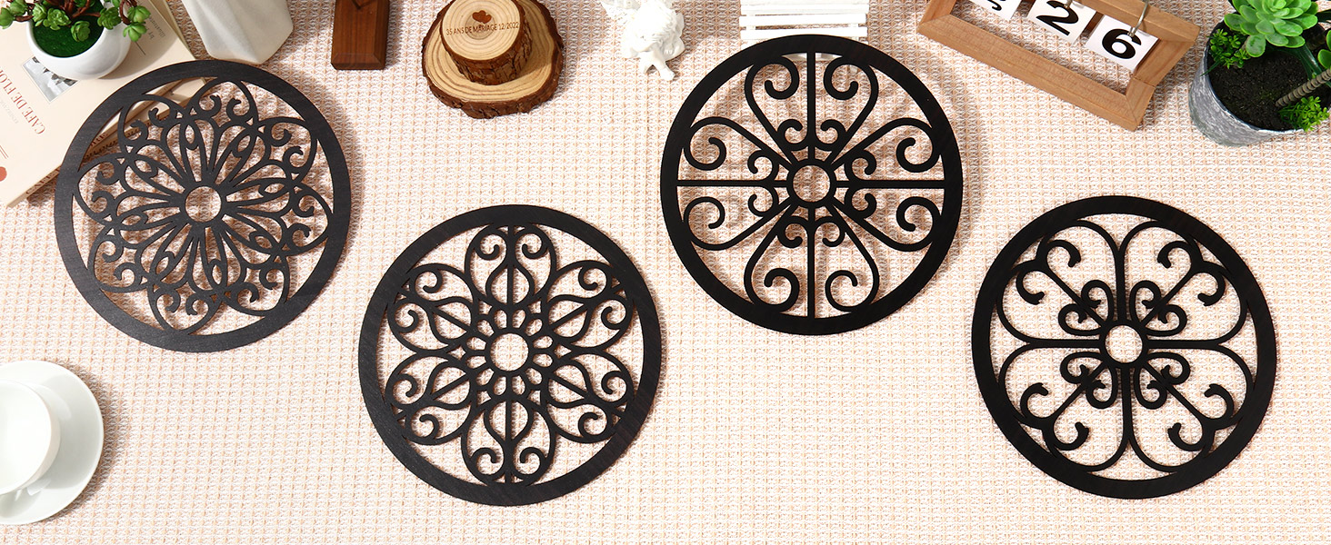 bulk purchase zzbakress 4 pcs wooden grainy rustic wall art farmhouse wall decor wooden exquisite hollow pattern wall decor elegant round wall art for living room dinner room kitchen bedroom hallway (black, rustic) trade price
