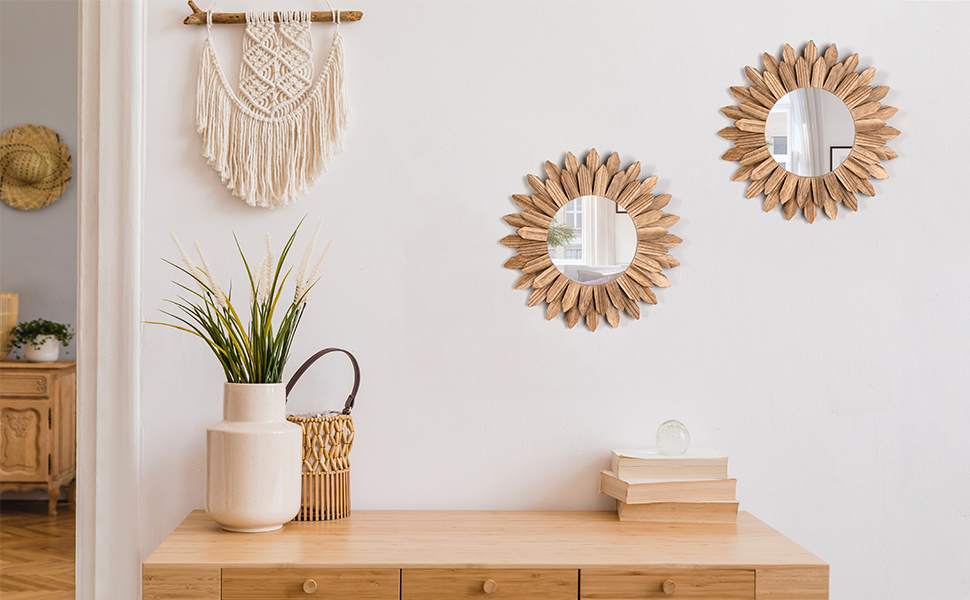 bulk purchase honiway wall mirror decorative 12 inch rustic wood mirror sunburst boho mirror for entryway bedroom living room bathroom house warming gifts new home essential carbonized black trade price
