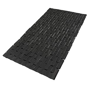 manufacturer direct bamboo bath mat - black coated, stain proof [16x24-inch wxl - bathroom floor, tub step, spa, sauna mat - great under pad for rugs, air flow, quick dry - foldable bathmat trade price
